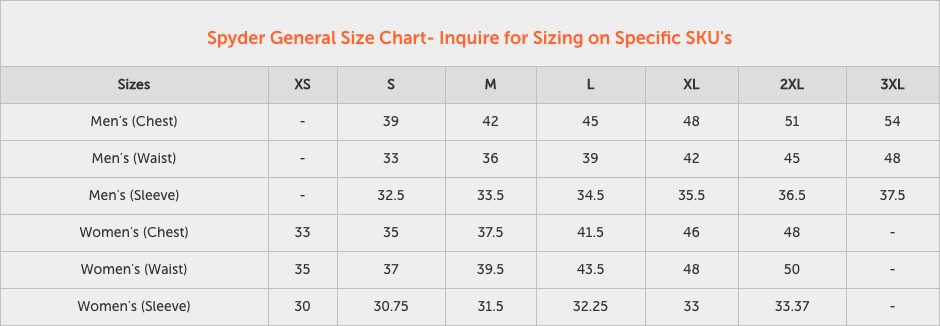 Spyder Women's Size Chart
